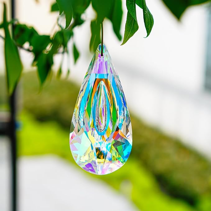 YU FENG 4.7 Inch Crystal Prism Suncatcher, Window Hanging Rainbow Maker | Large Faceted Crystal Pendant, Teardrop Crystal, Window Hanging Ornament, Bright Rainbow Effect, Garden Home Decoration