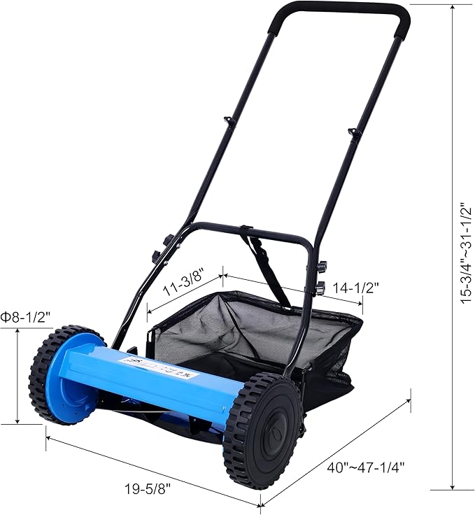 KEIKI 14-Inch Manual Lawn Mower, Push Reel Mowers w/Grass Catcher & Adjustable Cutting Height, 2-Wheels Small Lawnmower with 5 Steel Blades for Graden, Spaces Saving & Easy Assembly, Blue