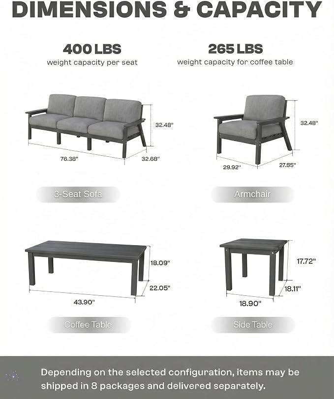 HDPE Patio Furniture Set 5 Seats with Cantilever Umbrella, Outdoor Couch with Washable Thick Gray Cushions & Tables, Outdoor Sectional Furniture for Deck, Lawn, Porch (Gray Frame)