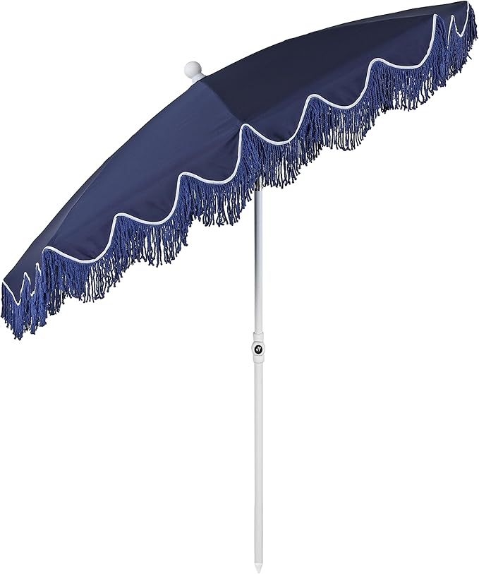 JONATHAN Y Mariner 6.5 ft. Beach Umbrella, Navy Solid with Fringe, Push-Button Tilt, UPF 50+ Sun Protection and Carrying Bag for Patio and Pool, White Pole UMB1005T