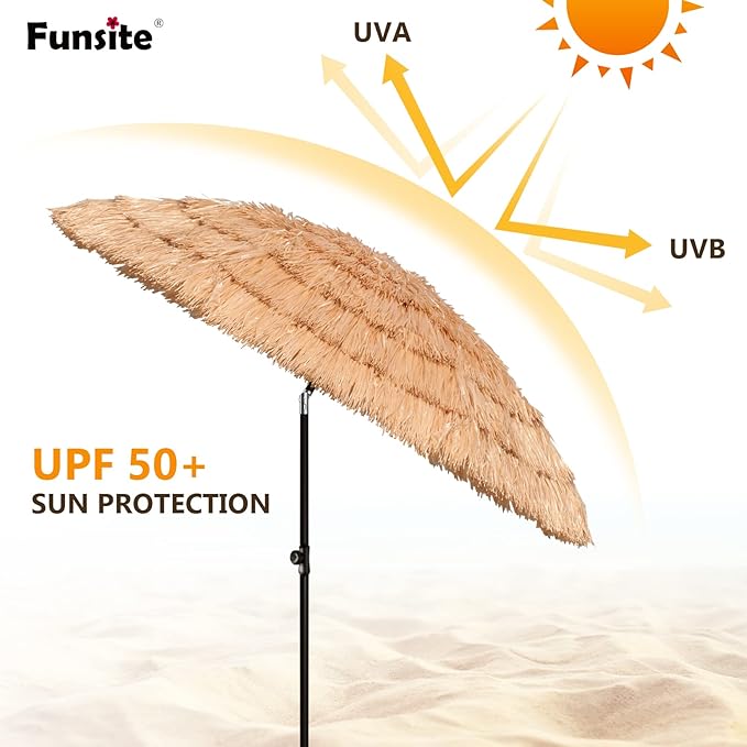 6/6.5/7.5/8ft Tiki Umbrellas for Outside, UV Protect Thatch Umbrella with Tilt Design, Thatch Patio Umbrella for Outdoor Tiki Bar, Tropical Palapa Tiki Hut Hawaiian Hula Beach Umbrella