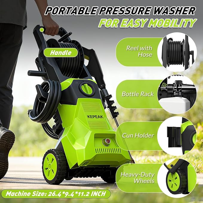 KEPEAK 5000PSI Portable PowerWasher with 4 Quick Connect Nozzles, Foam Cannon, 52ft Hose Reel, for Cars Fences Driveways Patios