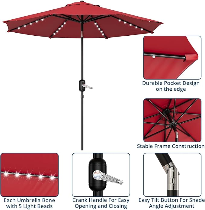 10FT Patio Umbrella with Solar Lights, Outdoor Table Umbrella with Tilt & Crank, 8 Ribs Waterproof UV Protected for Pool, Deck, Backyard, Red
