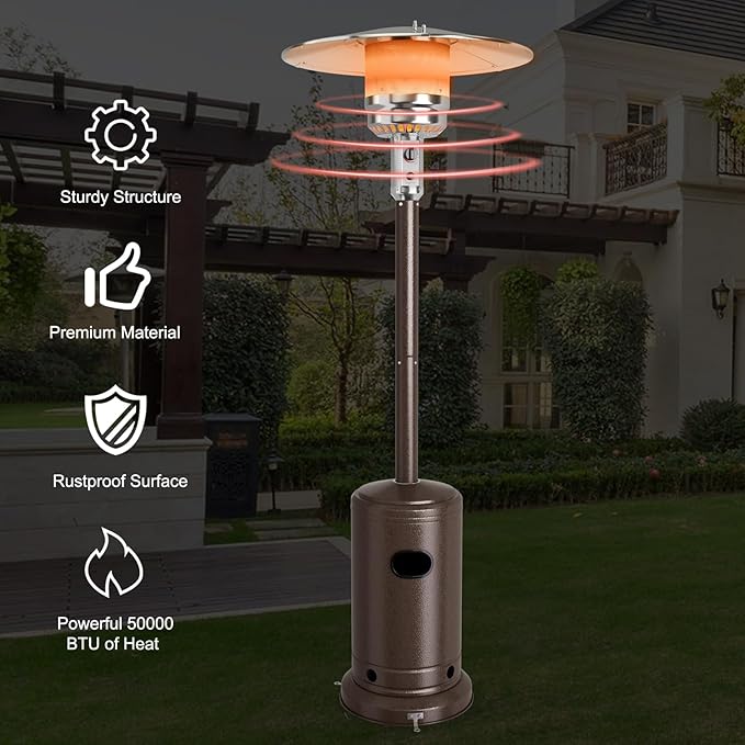 COSTWAY Outdoor Patio Heater, 50000 BTU Propane Heater with Stainless Steel Burner and Wheels, Triple Protection System, Standing Portable Outside Heater for Porch, Deck, Home and Commercial, Bronze