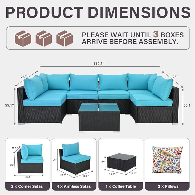 7-Piece Outdoor Patio Furniture Set – Handwoven All-Weather Rattan & 4” Thick Waterproof Cushions, Wicker Outdoor Conversation Sets with Coffee Table for Deck, Backyard, Garden, Black/Blue