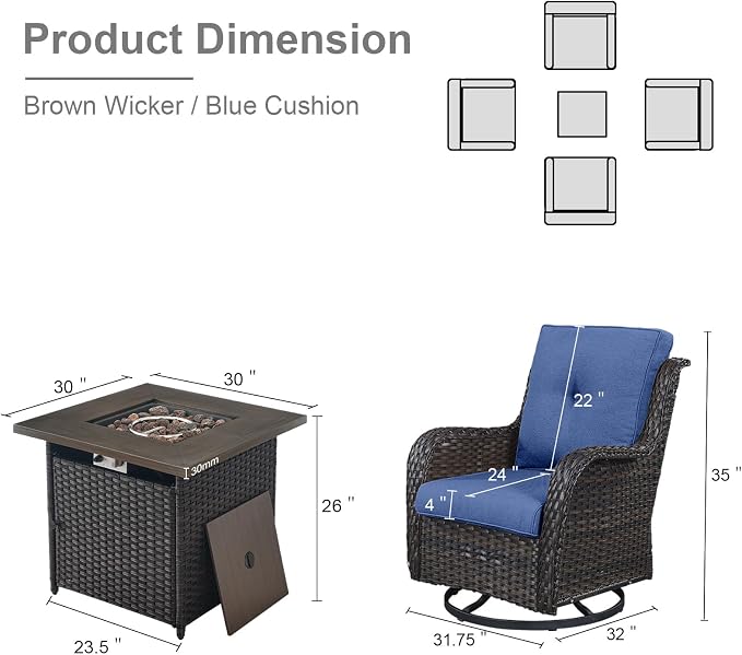 Belord Patio Furniture Set with Fire Pit Table, Outdoor Swivel Rocker Patio Chairs, Wicker Furniture Set Ideal for Porch, Deck, Pool, Yard, SunroomBrown Wicker/Blue