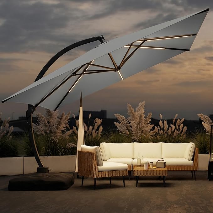 11x11FT Solar Powered LED Light Cantilever Patio Umbrella with Base Included, Large Cantilever Umbrella with 360°Rotation, Heavy-Duty Offset Outdoor Umbrella for Patio,Pool,Backyard (Gray)