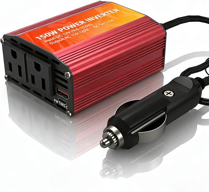 150W Power Inverter 12V DC to 110V AC Car Plug in Adapter Outlet with 2 AC Outlets, Type-C, USB Port Cigarette Lighter Adapter for Phone, Laptop and Small Devices on Road Trip