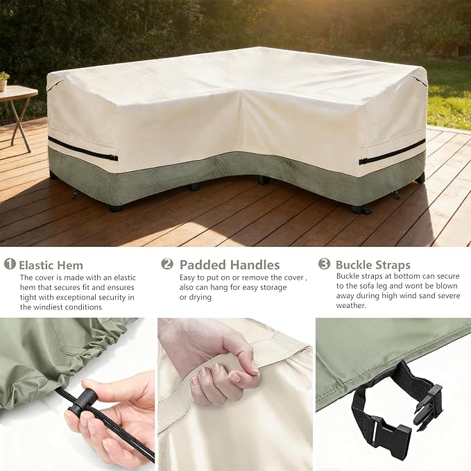 okcool Outdoor Sectional Sofa Cover Waterproof-V-Shaped Patio Furniture Covers for 7-Seater Outdoor Sectional Furniture Couch（105''X105''）,White&Grayish Green