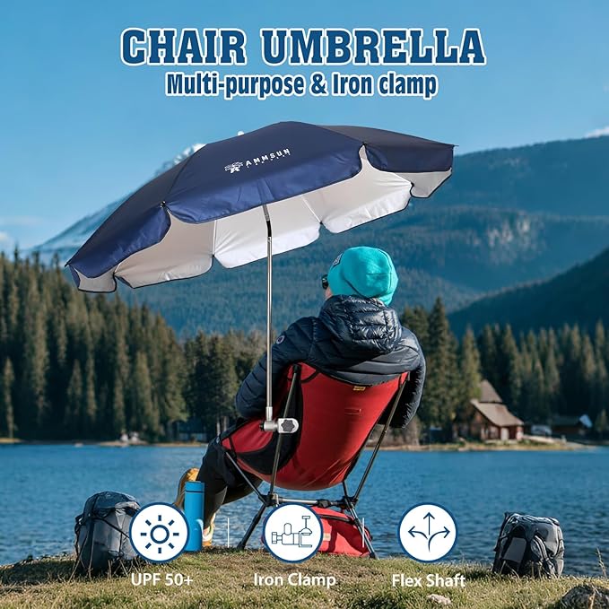 AMMSUN Chair Umbrella with Universal Clamp Adjustable 47 inches and 360° Swivel & UPF 50+ Protection Portable Sun Umbrella, Secure Clip on Camping/Beach Chairs, Stroller, Wheelchair, Golf cart, Lounger, Navy Blue, Large-sized