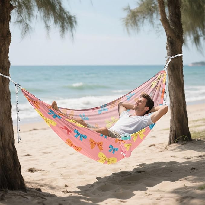 Camping Hammock Outdoor Hammocks for Outside Colorful Bow Beach Trees Portable Lightweight with Pockets Tree Straps Indoor
