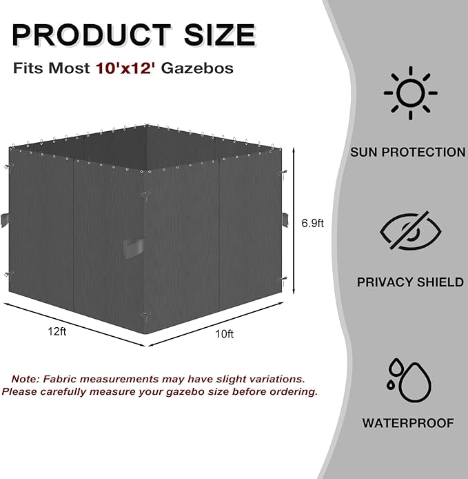 Gazebo Privacy Curtains 10' x 12' Replacement Panels – Waterproof & Windproof 4 Zippered Sidewalls for Patio Canopy, Outdoor Garden or Backyard Gazebo(Gray)