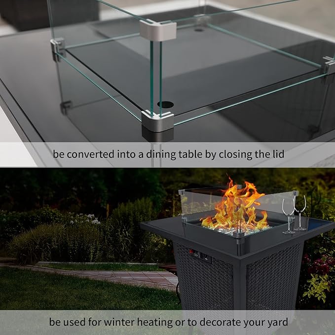 Propane Outdoor Fire Pit Table, 28" Rattan Square Fire Pit Table, Outdoor Gas FirePit W/Glass Wind Guard, Fire Pit Table top With Lid, CSA Listed, 50,000 BTU, Outside Patio Deck & Garden, Brown