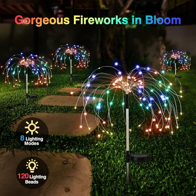 Lewondr Firework Solar Garden Lights, 120 LED Solar Firework Lights with 8 Lighting Modes, Waterproof Sparkler Starburst Solar Lights Outdoor for Yard Porch Patio Backyard Decor Present, 4 Pack