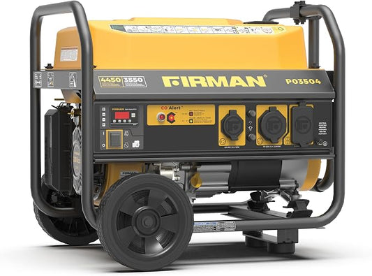 FIRMAN P03504 Gas Portable Generator, 4450W Recoil Start, 120V, CO Alert, Quiet 67dB, 208cc Engine, 5-Gallon Tank, 14 Hrs Runtime, Wheel Kit, Ideal Power Solution for RV, Home & Outdoor Adventures