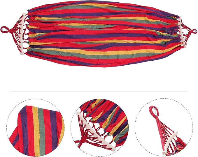 VOSAREA Striped Canvas Outdoor Hammock Swing Bed for Camping Hiking, Single-Person 190x150cm with Curved Rod, Duckbill Buckle, Rope and Storage Bag