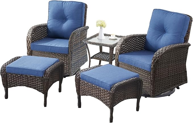 5 Pieces Outdoor Wicker Patio Furniture Set-High Back Outdoor Rocking Chairs Set of 2 with Ottoman Patio Conversation Sets for Deck Lawn Porch Balcony Poolside-Brown/Blue