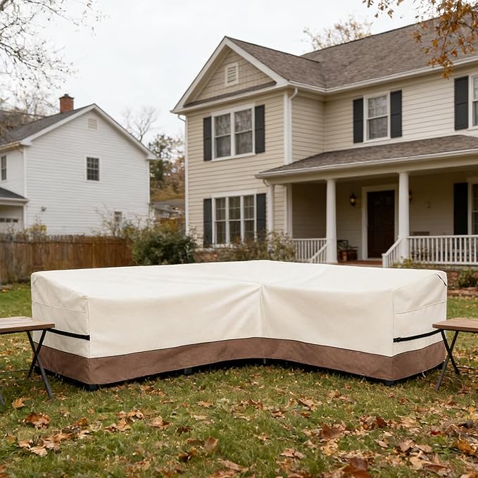 okcool Outdoor Sectional Sofa Cover Waterproof-L-Shaped Patio Furniture Covers for 6-Seater Outdoor Sectional Furniture Couch 110"(85''L) x 32''D x 31''H, Beige & Brown