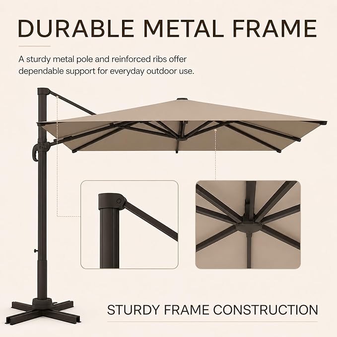 Kingdura 10x10 FT Cantilever Patio Umbrella with Base Included, Large Square Offset Outdoor Pool Umbrella, 360° Rotation & Infinite Tilt, Heavy Duty Aluminum Frame for Deck Backyard, Beige