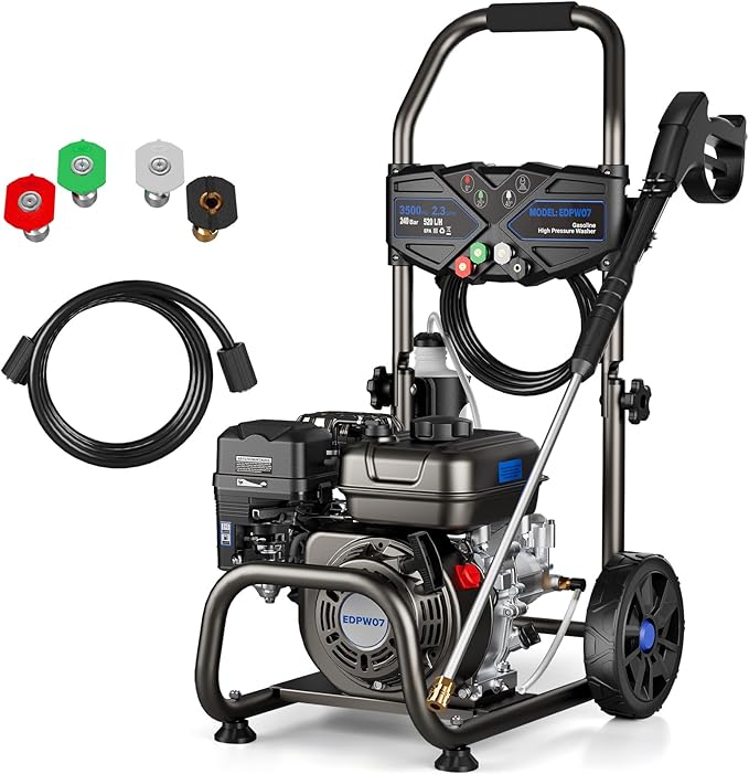 3500 PSI Gas Pressure Washer, 2.3GPM Gas Powered Power Washer with 209cc OHV Engine, Soap Tank, 25FT Pressure Washer Hose,Pressure Gun & 4 Nozzles for Cars/Driveways/Homes/Patios