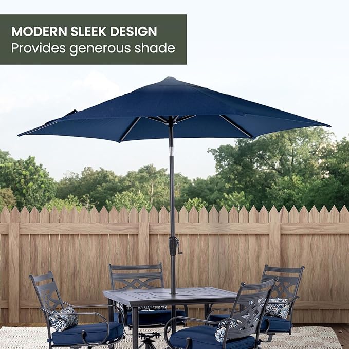 Hanover Montclair 9' Market Outdoor Umbrella, All-Weather, Crank Lever, Navy