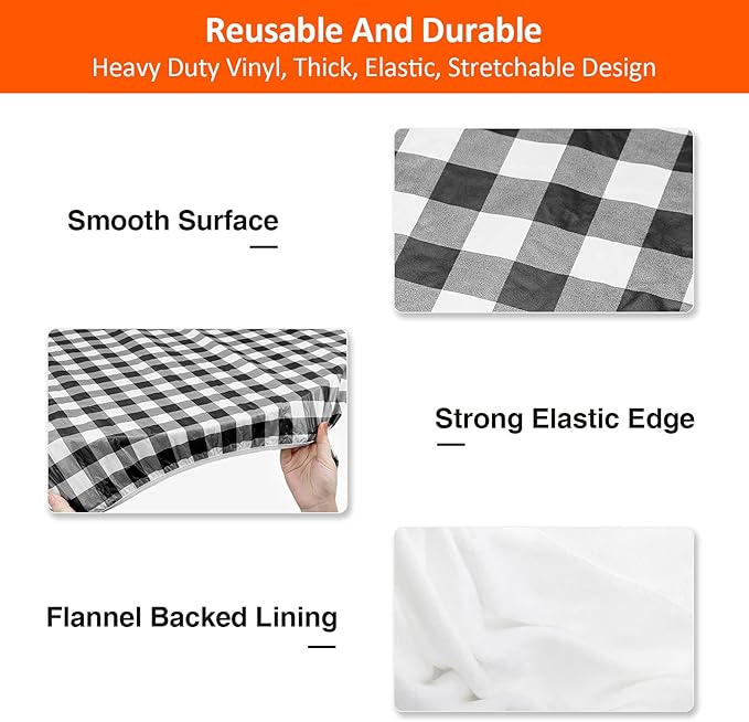 KENOBEE 8ft Picnic Table and Bench Cover, Camping Essentials RV Gear, 96 in Waterproof Windproof Outdoor Elastic All Around Tablecloth, Fitted Rectangle Tables and Seats, Black-White Checkered