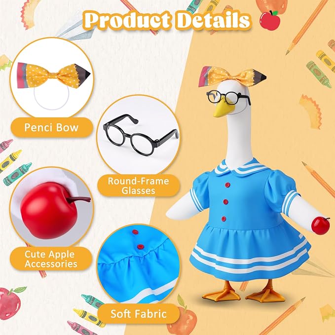 Porch Goose Back to School Outfit - 23 Inch Teacher Porch Goose Outfits with Pencil Bow, Glasses and Apple, Cute Back to School Goose Clothes for Outdoor Garden Yard Classroom Decor