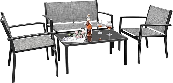 Greesum 4 Pieces Outdoor Furniture Set All Weather Patio Conversation Set with Porch Loveseat, Garden Bistro Chairs with Glass Coffee Table for Garden Backyard Poolside Textile Modern, Gray