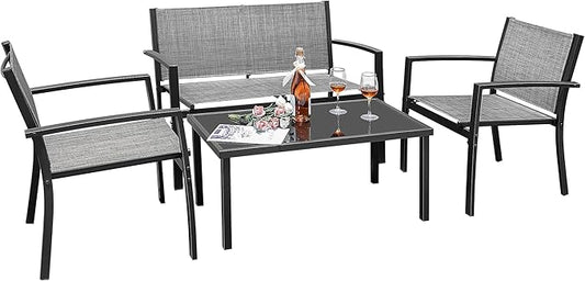 Greesum 4 Pieces Outdoor Furniture Set All Weather Patio Conversation Set with Porch Loveseat, Garden Bistro Chairs with Glass Coffee Table for Garden Backyard Poolside Textile Modern, Gray