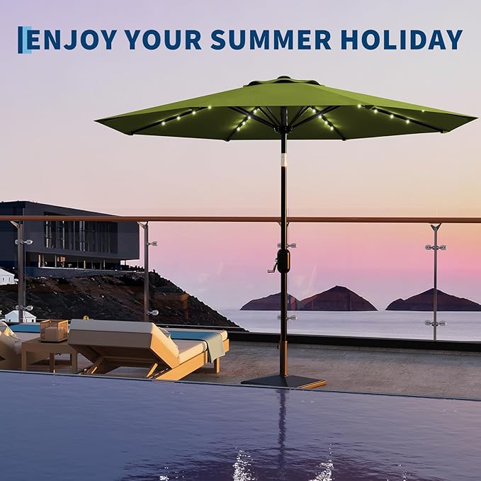 Garvee 9 FT Patio Umbrella with Solar Lights, Outdoor Table Umbrella with 8 Durable Ribs, Tilt & Crank Mechanism, Waterproof & UV Protection for Garden, Backyard, Poolside, Green