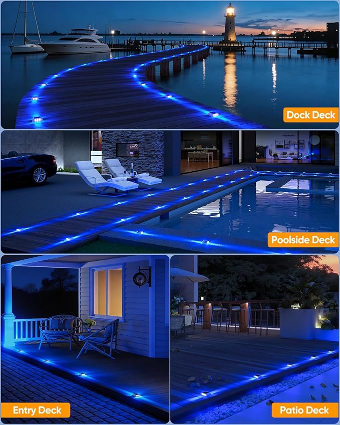 Detarzinled Solar Driveway Lights Outdoor, 12 Pack IP68 Waterproof Dock Deck Lights Solar Powered, Stick on & Screw Blue Markers Light for Pathway, Walkway, Sidewalk, Patio, Pool Deck, Garage Entrance