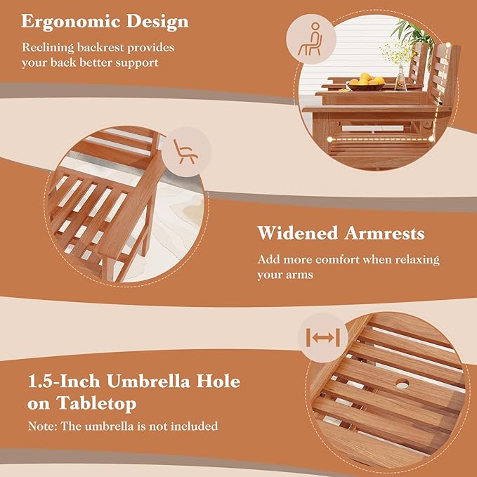 Tangkula Outdoor Patio Loveseat with Table, Wood 2-Seat Conversation Set with Coffee Table and Umbrella Hole, Outdoor Furniture Set for Garden Poolside Backyard Balcony Porch Deck (Natural)