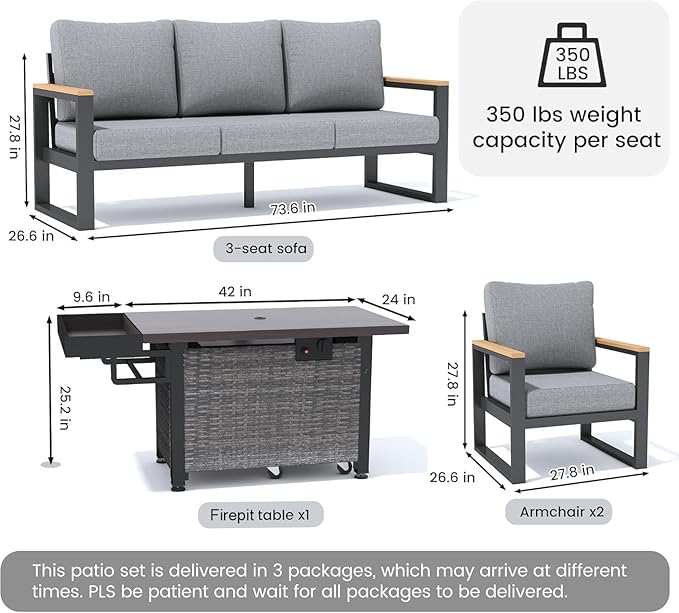 Sundale Outdoor Aluminum Patio Furniture Set, 4 Piece Outdoor Conversation Sets with Fire Pit and Washable Thick Cushions, All Weather Outdoor Sectional Set for Deck, Lawn, Yard (Grey)