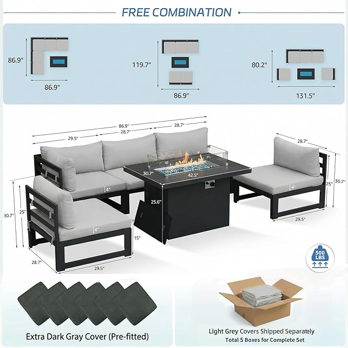 NICESOUL® 6 Piece Extra Large Grey Aluminum Frame Outdoor Patio Furniture Set with Fire Pit Table, 29'' Deep Wide Seating Sofa Conversation, L Shape Modular Sectional Couches for Backyard, Light Grey