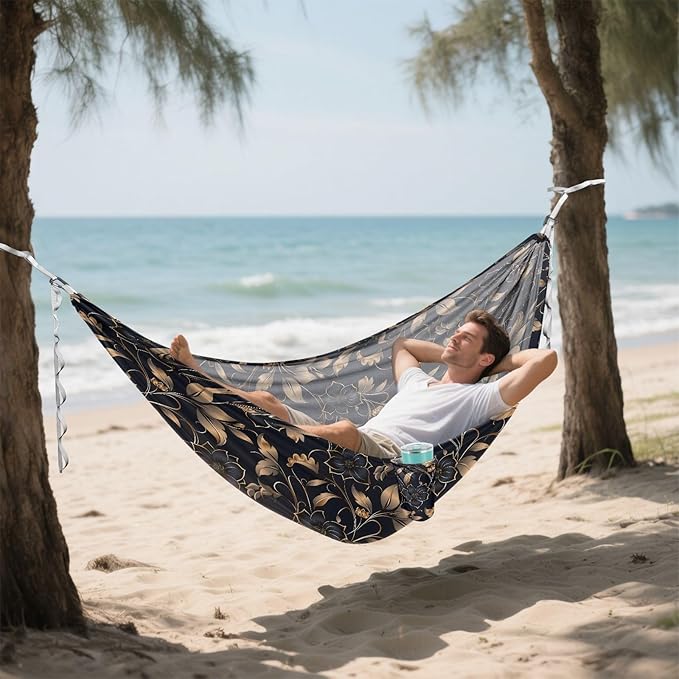 Camping Hammock Outdoor Hammocks for Outside Navy Gold Flower Beach Trees Portable Lightweight with Pockets Tree Straps Indoor