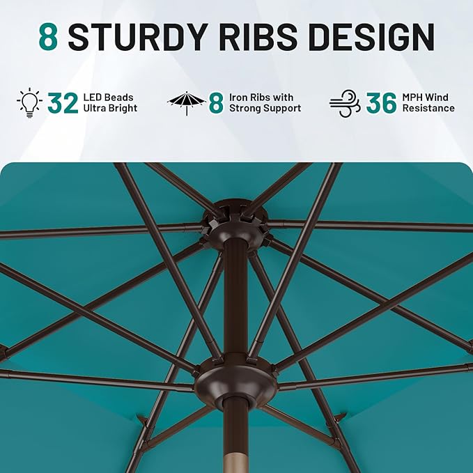 AreShark 9ft 2 Tiers Patio Umbrella with Solar Lights, Outdoor Umbrella w/ 32 LED Lights&8 Sturdy Ribs, Table Umbrella for Deck, Backyard, Pool(Lake Blue)