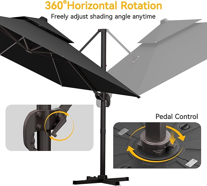 10x13 FT Patio Cantilever Umbrella (Base Not Included) (Base Not Included), Rectangular Heavy Duty Offset Umbrella for 8-10 People, 360°Rotation & Mult Tilt, Double Top Design, for Pool Garden Deck (Grey)