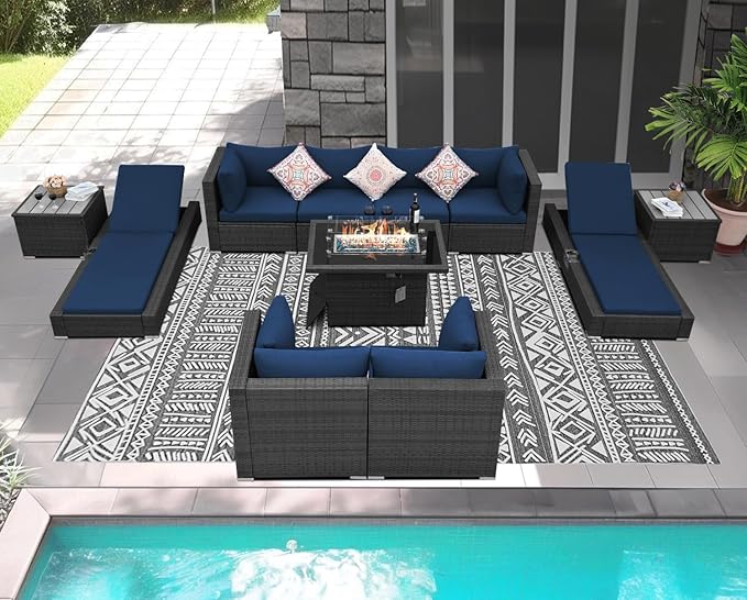 NICESOUL 11 Piece Sectional Patio Set with Loungers, Backyard Seating with Firepit, Comfy 29.3'' High-Back Deep Outdoor Couch Sofa, Heavy Duty All-Weather Wicker Furniture for Exterior, Grey & Blue
