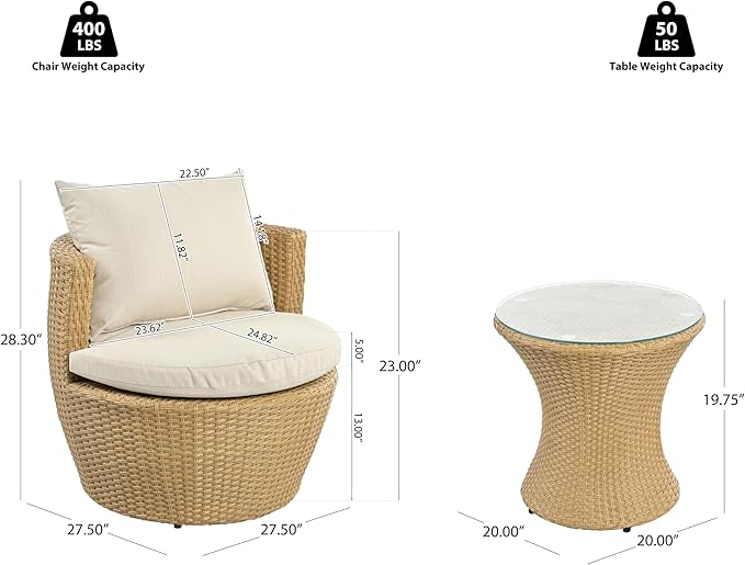 Merax Patio Furniture Set of 3, Outdoor PE Rattan Wicker Chairs with Cushion & Glass Coffee Table for Balcony Garden Front Porch, Patio Conversation Sets for 2, Sturdy Aluminum Frame, Beige