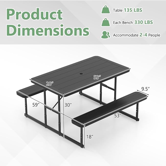 Picnic Table Set for 2-4 People, Umbrella Hole, Heavy-Duty Metal Frame & 2 Benches, HDPE Rectangular Outdoor Dinning Table & Benches for Outside, Patio, Garden, Backyard, Porch (Black)