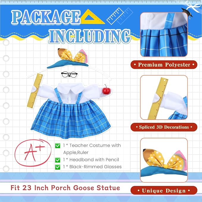 Back to School Porch Goose Outfits for 23 Inch Statue, Teacher Costume for Cement Statue, Duck Sculpture Clothes for Classroom Patio Decoration