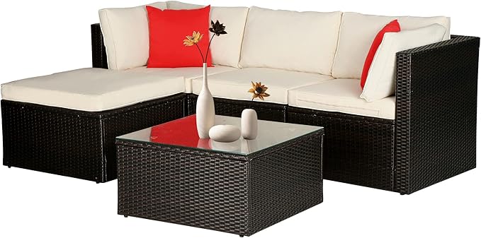 PayLessHere 5 Pieces Patio Furniture Outdoor Wicker Sectional Patio Rattan Chair Conversation Backyard Lawn Porch Poolside Balcony Garden Sofa Set with Glass Coffee Table, Brown