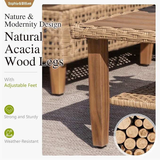 Sophia and William Wicker Patio Furniture Set, L-Shaped Outdoor Sectional Sofas with Ottoman and Acacia Wood Coffee Table, Rattan Outdoor Conversation Set wtih Beige Cushions(6 Seats)