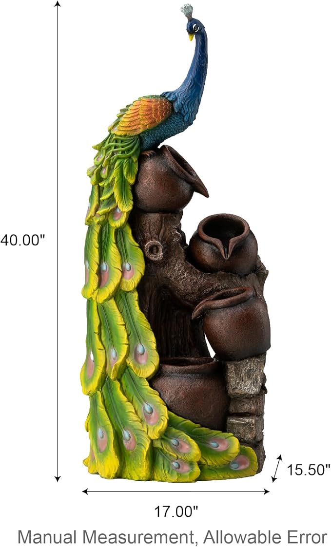 Glitzhome 4-Tier Oversized Peacock Sculpture with Jars Outdoor Water Fountain with LED Light, Resin Peacock Statue Waterfall Fountain with Submersible Pump for Garden Patio Porch, 40”H