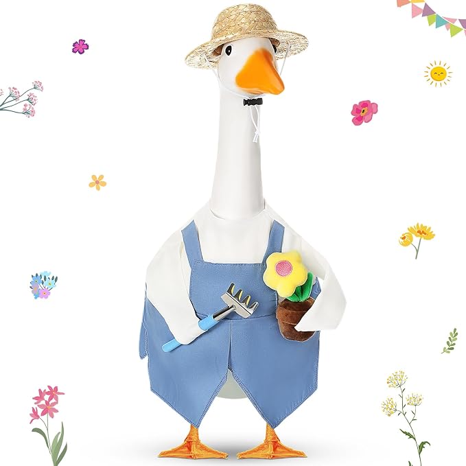 FuWeave Gardener Porch Goose Outfit Flower Goose Clothes for 23" Large Statue Outdoor Spring Summer Garden Yard Lawn Art Decoration, Overalls Gardener Gardening Enthusiast