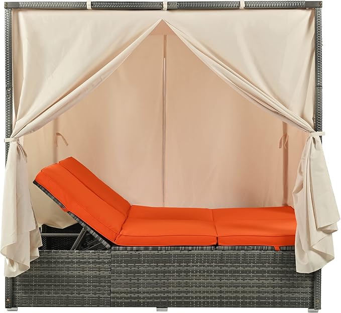 KEVINSPACE Outdoor Daybed with Curtain Canopy Bed Patio Furniture Adjustable Sunbed Set All-Weather Rattan Sun Lounger Patio Wicker Sofa Set Patio Conversation Set Curtains for Garden Yard Orange