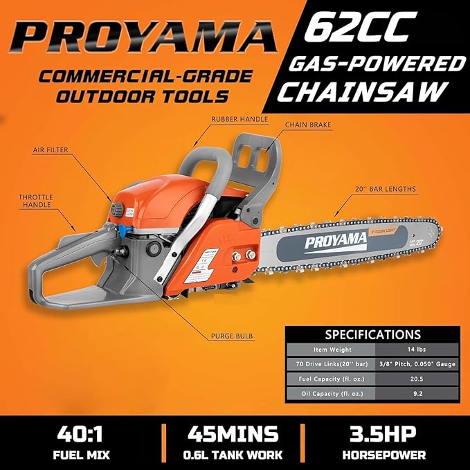 PROYAMA 62CC Gas Powered Chainsaw, 20 Inch 2-Cycle Petrol Handheld Cordless Chain Saw, Gas Chainsaws for Tree Wood Cutting