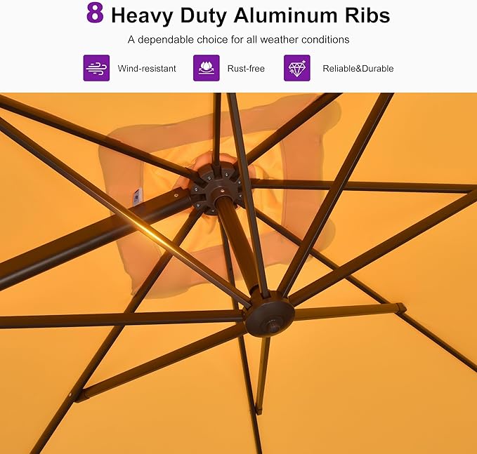 PURPLE LEAF 9' X 11.5' Rectangle Cantilever Umbrella Patio Umbrella Antique Bronze Outdoor Aluminum Offset Hanging Umbrella with 360-degree Rotation for Pool Garden Backyard Deck, Yellow