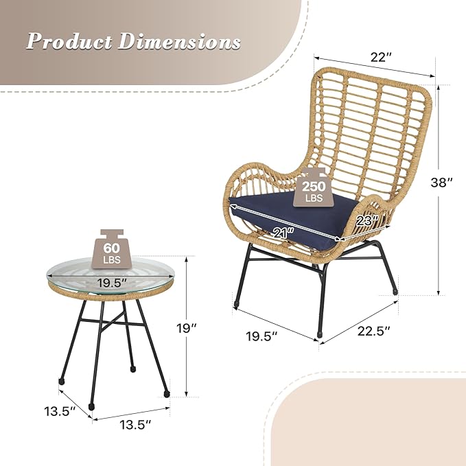Athena Collection Patio Bistro Sets, 3 Piece All Weather Furniture Set Outdoor Conversation Set Glass Table and Rattan Chairs Set with Soft Cushions for Garden, Poolside, Backyard, Blue