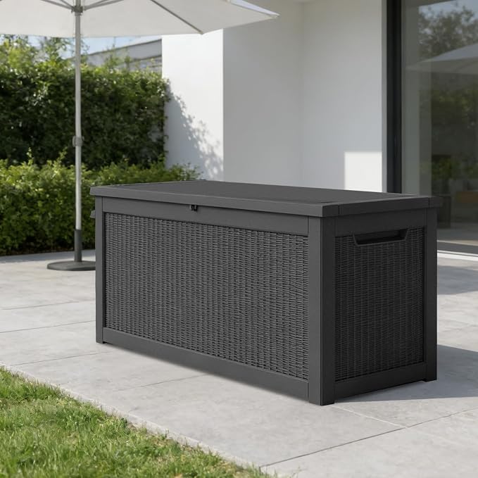 260 Gallon Outdoor Deck Boxes, IP68 Waterproof Outdoor Storage Box with Hydraulic Lid Support, Outside Resin Container for Furniture, Toy, Shoe, Garden & Patio Tools Storage -Black